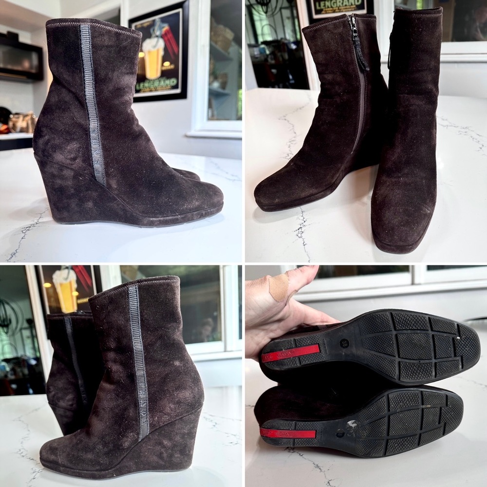 Prada size 38 sueded leather comfort wedges side zippers classic black logo 7.5 - Picture 7 of 10